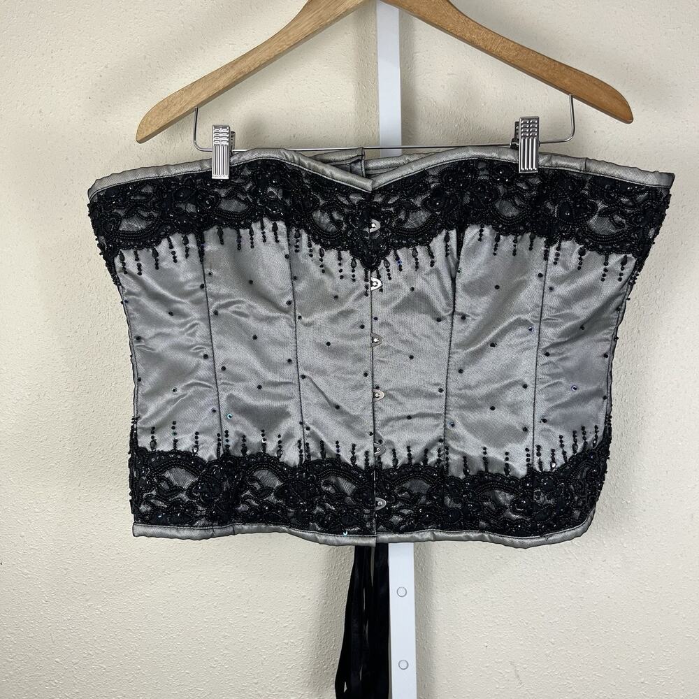 Corset Story Silver Beaded Lace Corset Size 38 Steel Boning Satin Lacing $299 - Picture 2 of 6